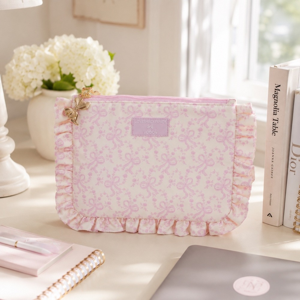 LoveShackFancy x Yoobi Pink Coquette Bow Ruffle Accessory Pouch Makeup Bag NEW